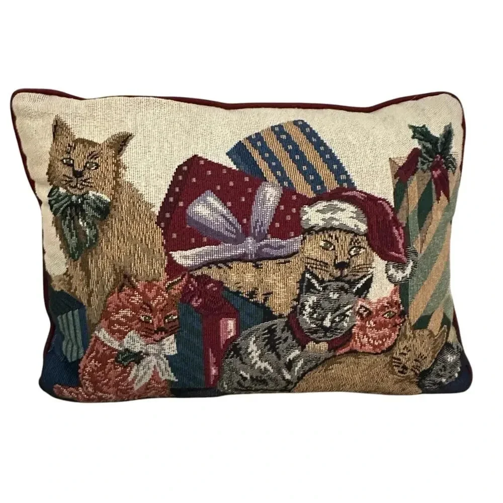 Vintage Christmas Cat Tapestry Pillow Rectangular Used 16 by 11 inches